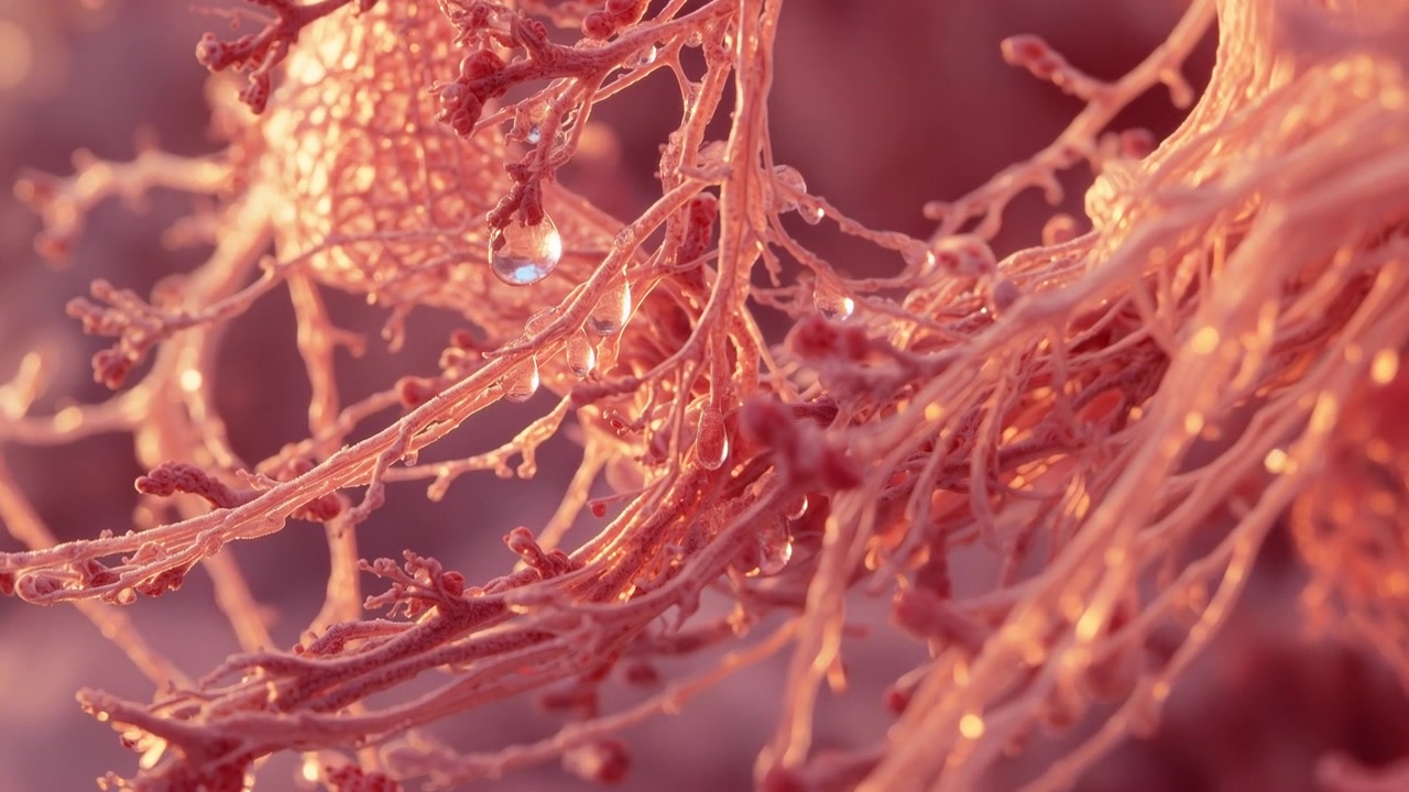 Nudging camera bringing larger droplet into focus, showing branched threads and node in macro lab