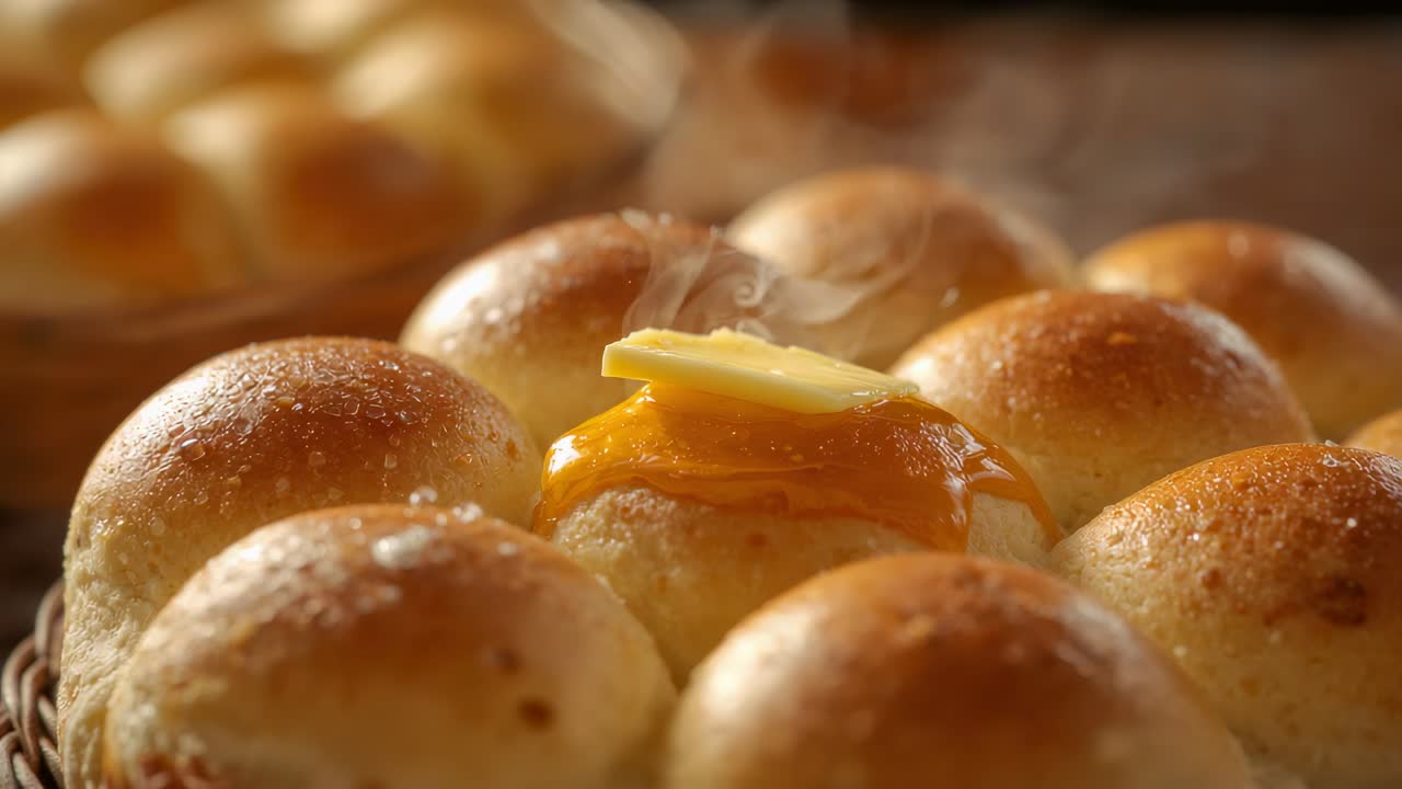Melting butter pat on central roll, heat from roll cluster releasing steam on baking tray