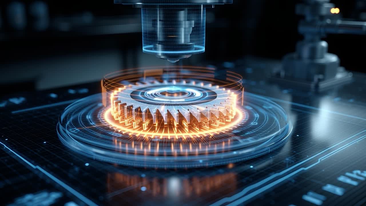 High-tech machinery processing gear with digital interface at workshop