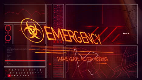 on screen, animation of emergency alert with biohazard symbol and urgent text