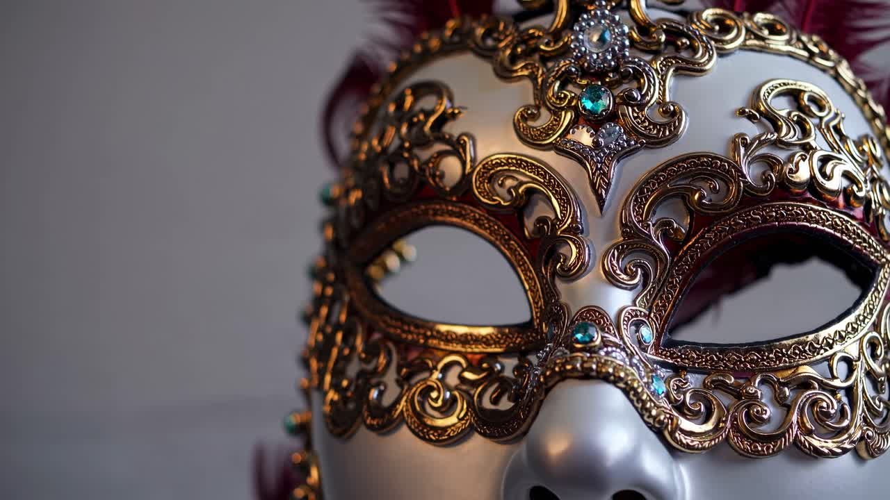 Primo piano di una maschera veneziana decorata con intricati dettagli dorati e pietre preziose, ripresa di lato