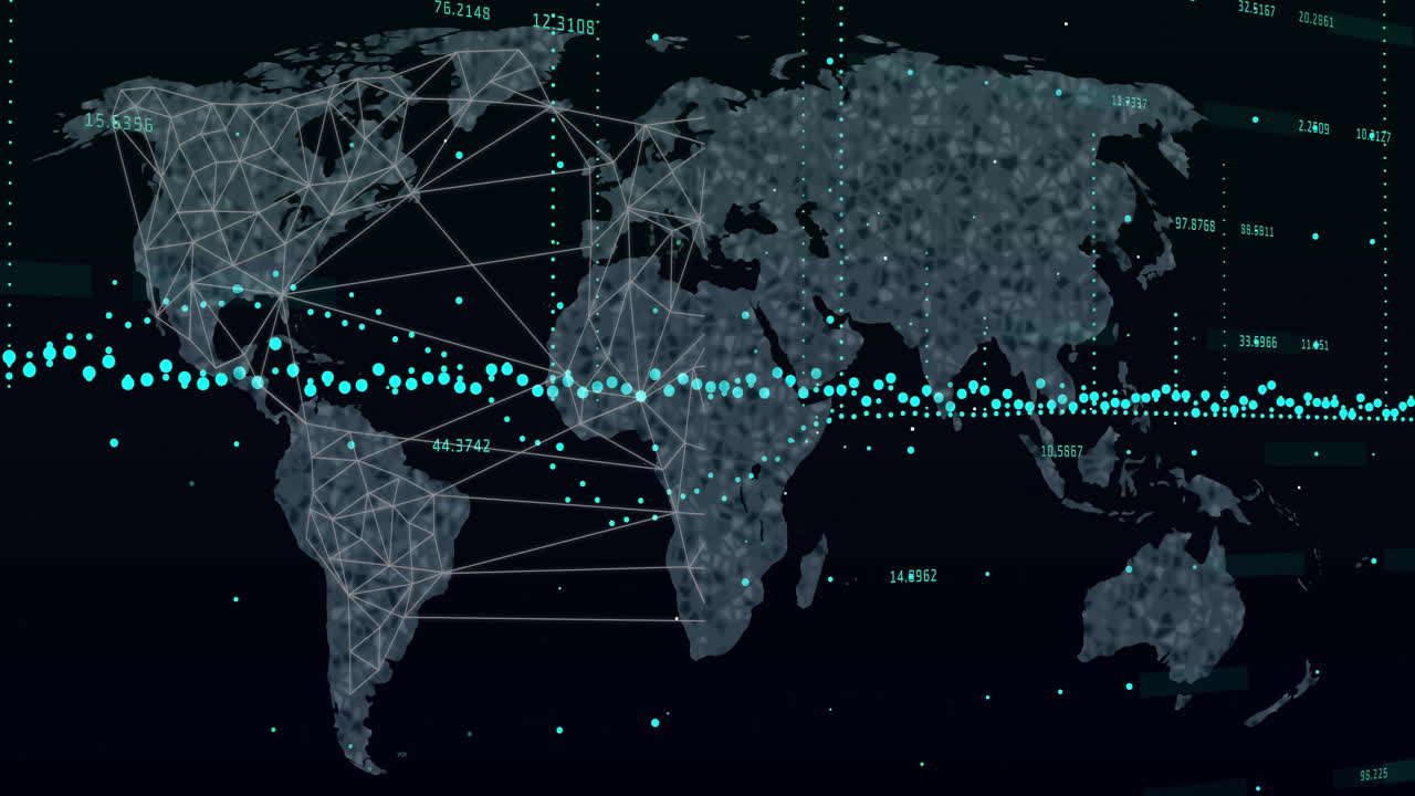 Animation of data processing and diagrams over world map on black background