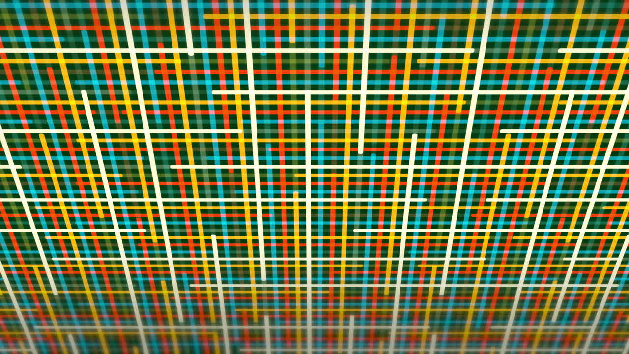 Sfondo con griglia colorata di luci in movimento e prospettiva.