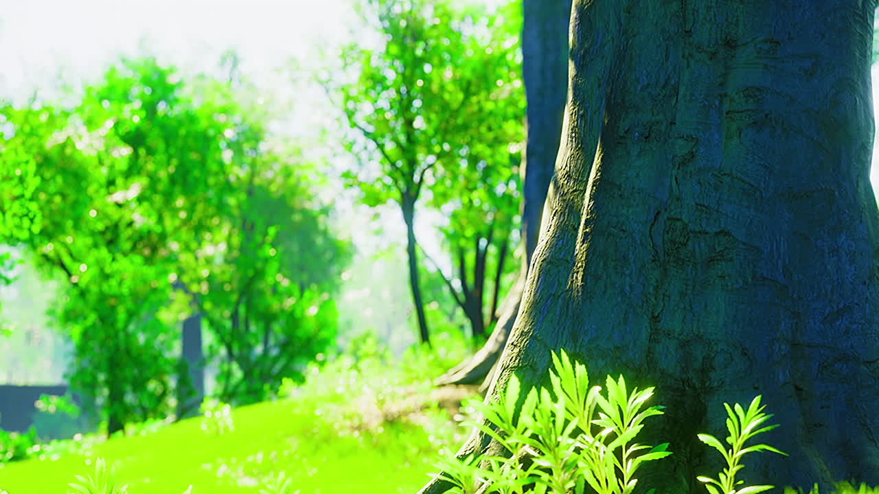 Lush green landscape with towering trees and vibrant foliage in bright sunlight