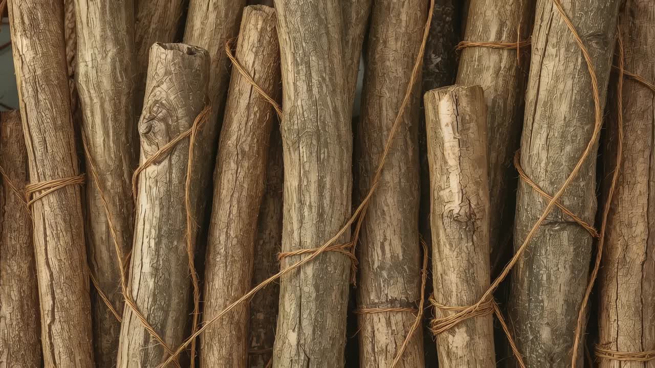 Shifting camera revealing bundle of vertical wooden poles at shed, showing knots and twine wraps