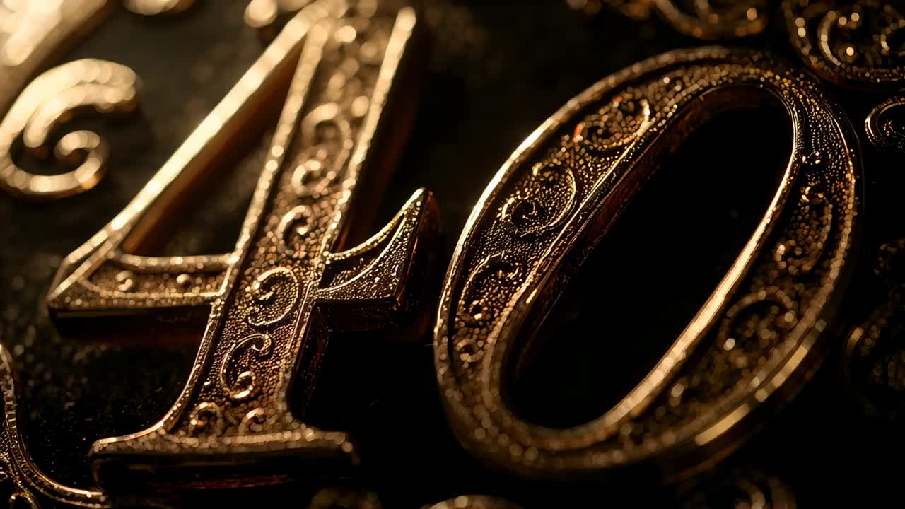 Starting rig, camera pulling back to reveal gold numeral 40 on medallion in studio showing filigree