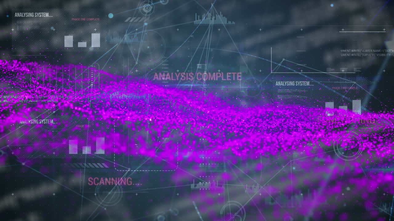 animación de brillo púrpura sobre conexiones y procesamiento de datos sobre fondo negro.