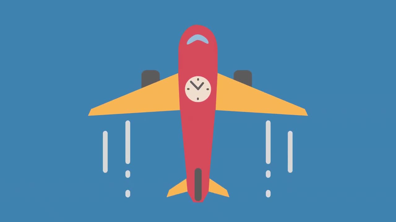 Animación digital de icono de avión con reloj en marcha volando sobre un fondo azul.