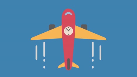 digital animation of airplane icon with ticking clock flying against blue background