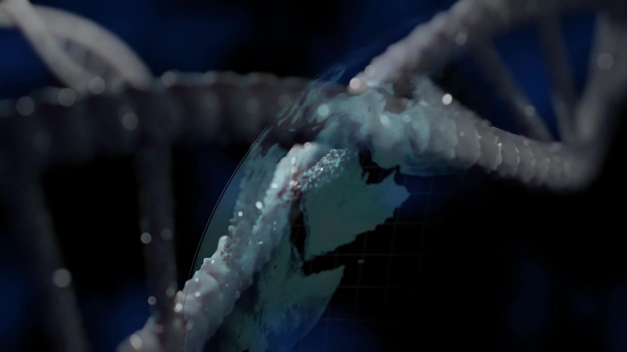 Kamera poruszająca się wzdłuż obracającej się helisy 3D DNA, ukazująca glob przedstawiający strukturę molekularną.