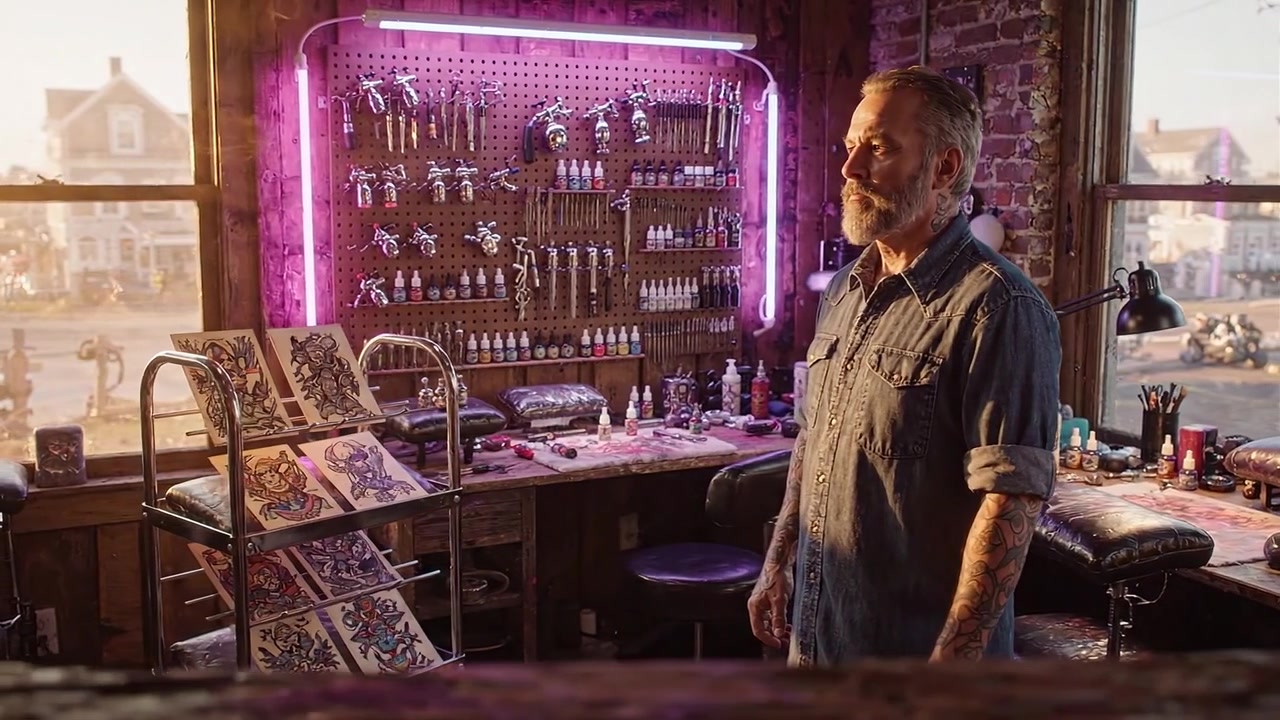 Tatuatore in uno Studio Illuminato Vivacemente, Circondato da Attrezzi e Opere d'Arte, che Mostra uno Spazio Creativo Ricco di Disegni per Tatuaggi e Attrezzature