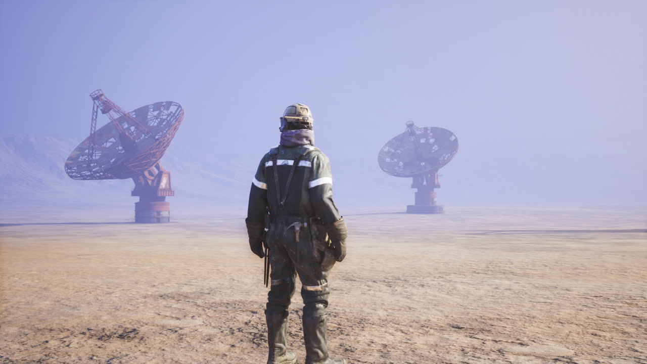 Worker observing satellite dishes in a remote location during daylight hours