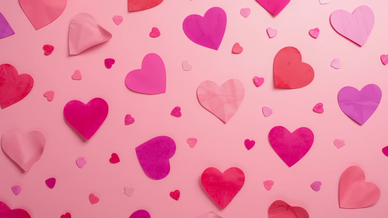 Spostamento dell'inquadratura della camera dopo i fotogrammi che rivelano cuori di carta su carta artigianale, portando i cuori verso l'interno