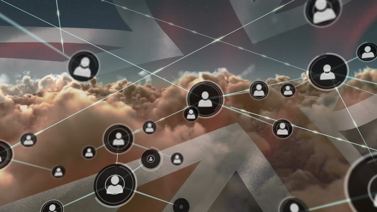 animación de la red de conexiones con iconos sobre la bandera de gran bretaña y las nubes