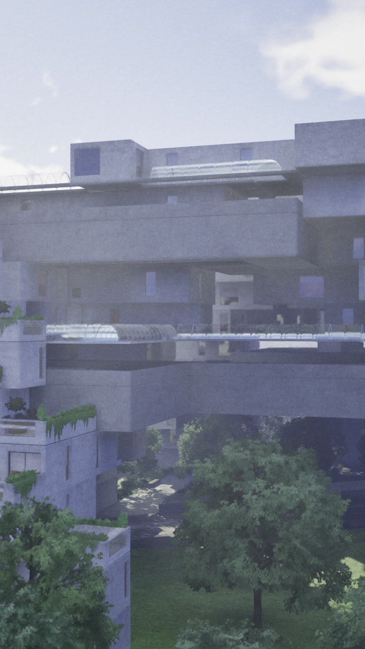 Building design in a modern urban area with greenery and structures
