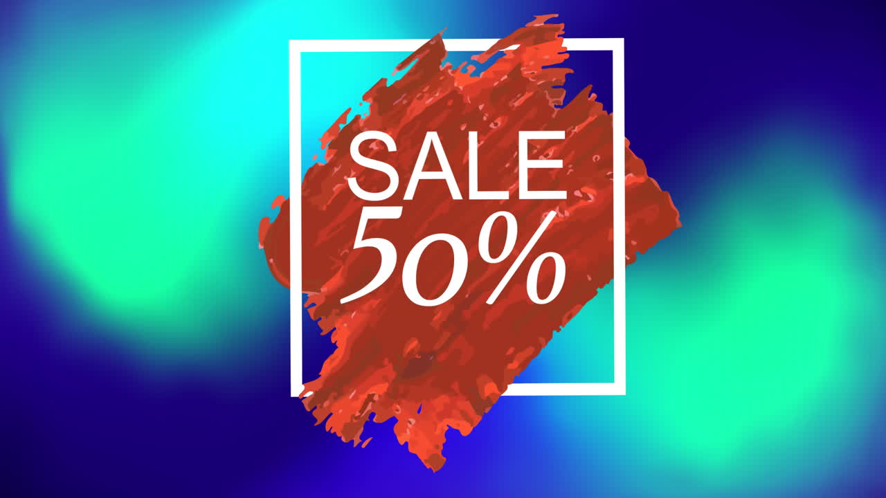 animación de venta de texto 50 por ciento en cuadrado blanco en pintura roja, sobre borros azules y verdes