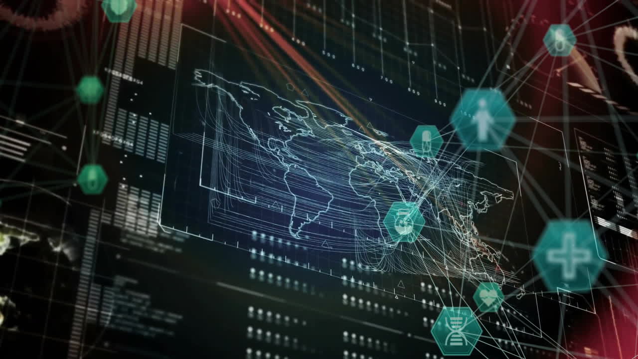 Animation of digital world map with data streams and technology icons connecting