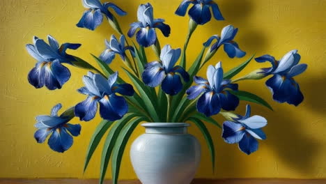 still life painting of blue irises in a white vase against a yellow background
