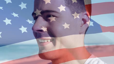 animation of flag of usa over happy caucasian man