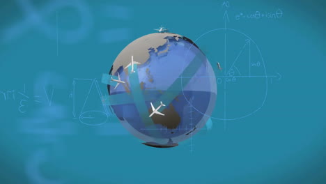 airplanes flying around globe with mathematical equations animation