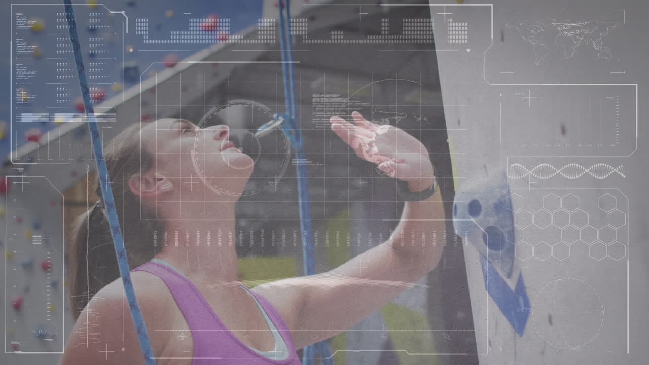 카우카시안 여성 등반 벽에 대한 데이터 처리의 애니메이션