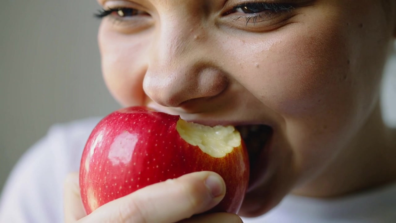 Bringing red apple to lips, feminine child taking bites and chewing at home, satisfying hunger