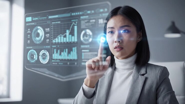 Focused business professional in modern office interacts with advanced technology and data analytics to drive informed decision-making for success and innovation.