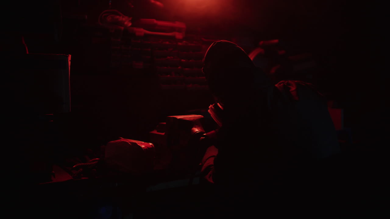 Person in Protective Gear in a Dark Room