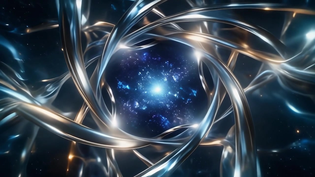 Spirali metalliche astratte che ruotano attorno a una luce blu incandescente nello spazio