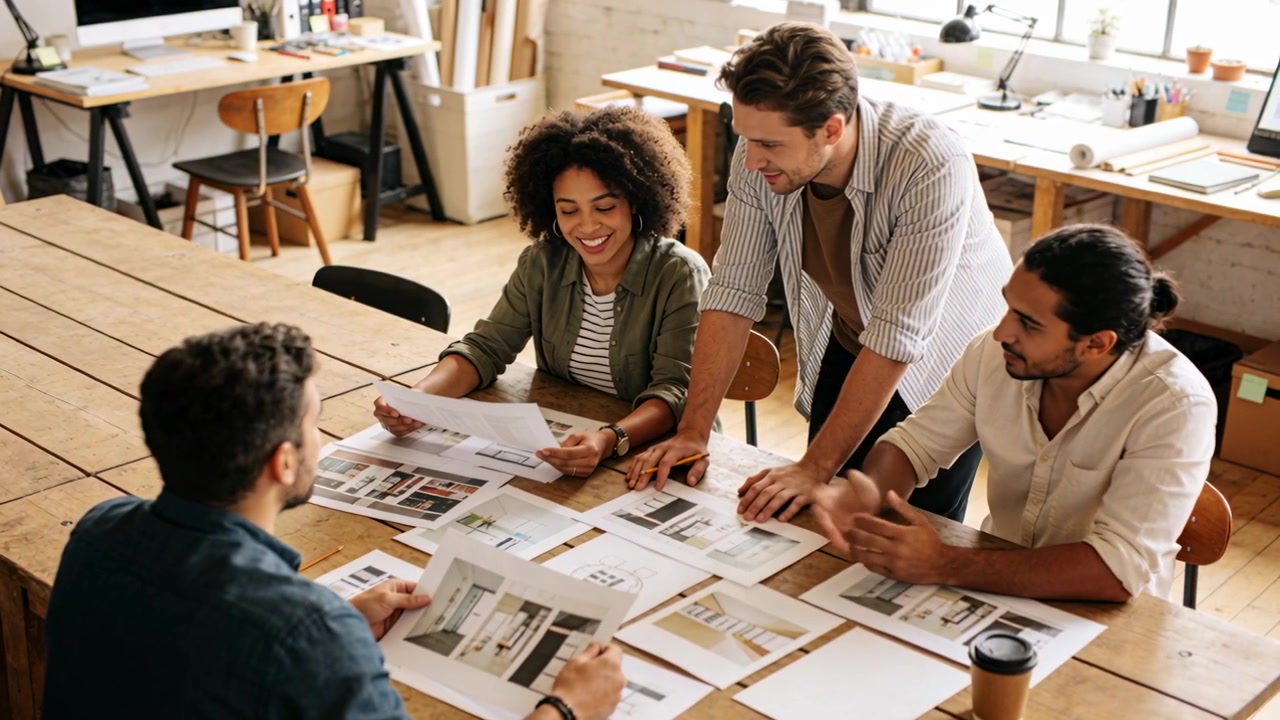 Reviewing team of four in casual dress, woman picking up printed sheet, choosing layouts in office