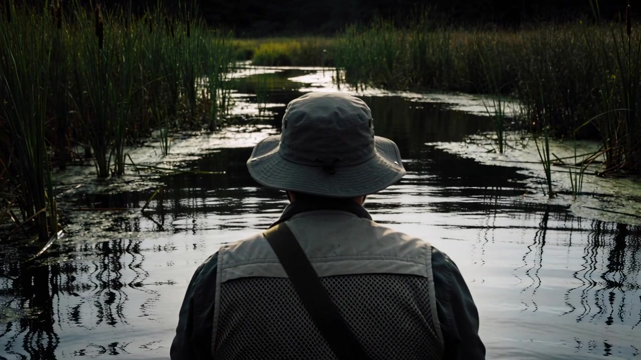 Guiding angler piloting craft through marsh after push, scouting fish in mesh vest and bucket hat