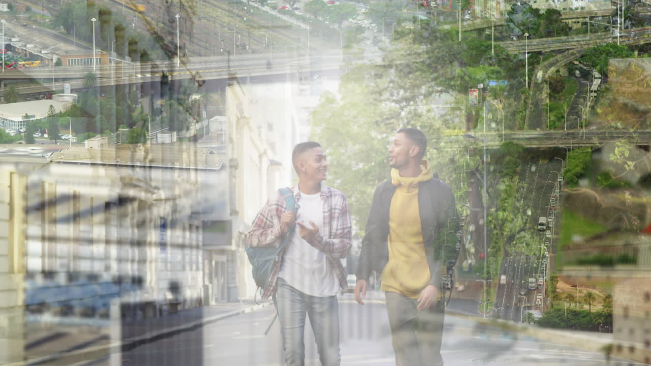 거리를  ⁇ 고 웃는 두 인종의 남성 친구들의 애니메이션