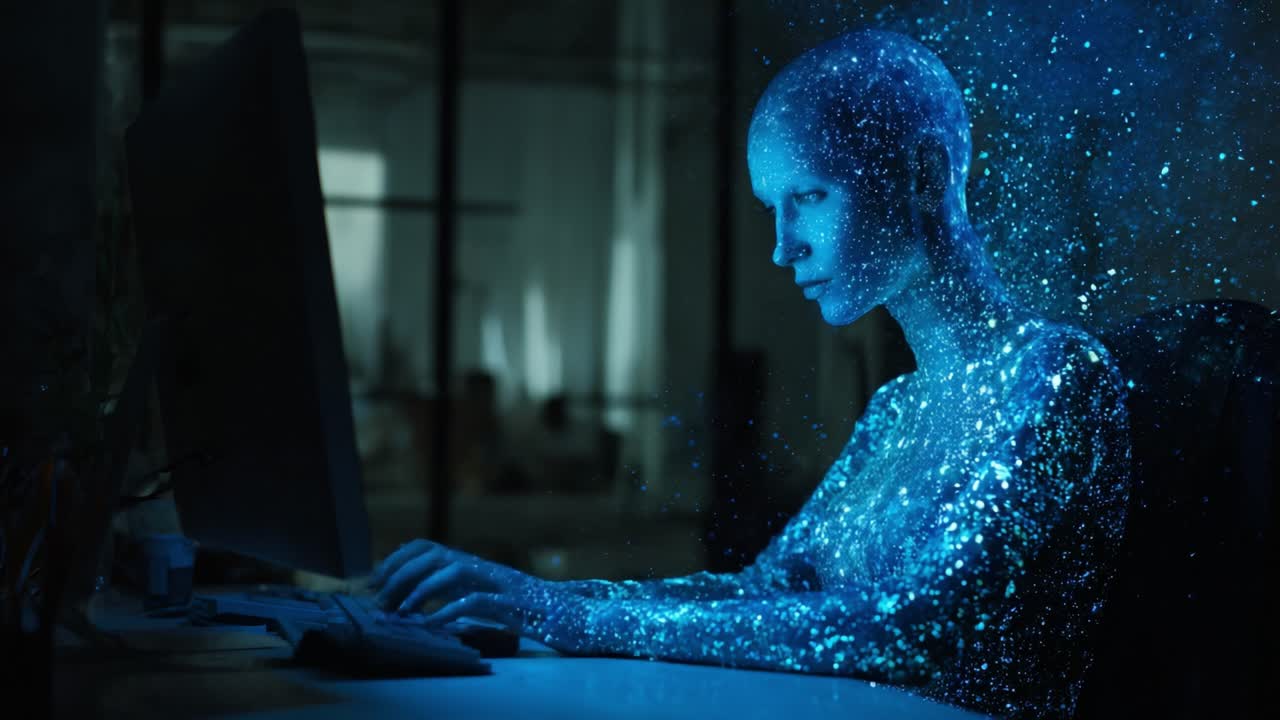 In a digital realm, a luminescent figure interacts with a computer, symbolizing the intersection of technology and creativity in a mesmerizing virtual universe