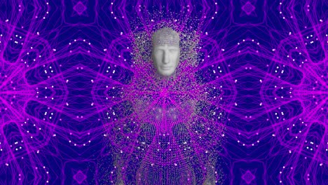 animation of human body formed with exploding particles over purple kaleidoscope pattern background