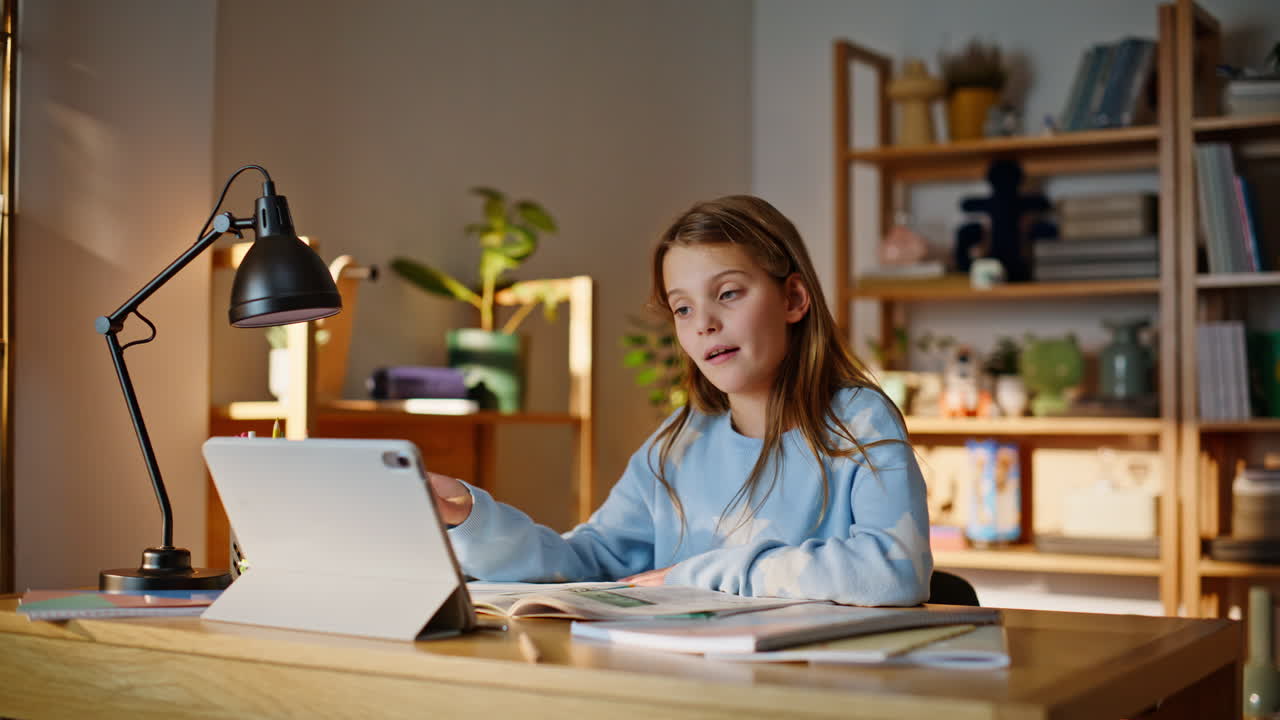 School student studying online sitting apartment closeup. Girl talking camera