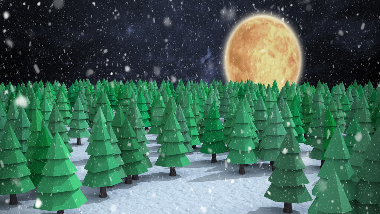 Animation of snow falling over winter night landscape with fir trees