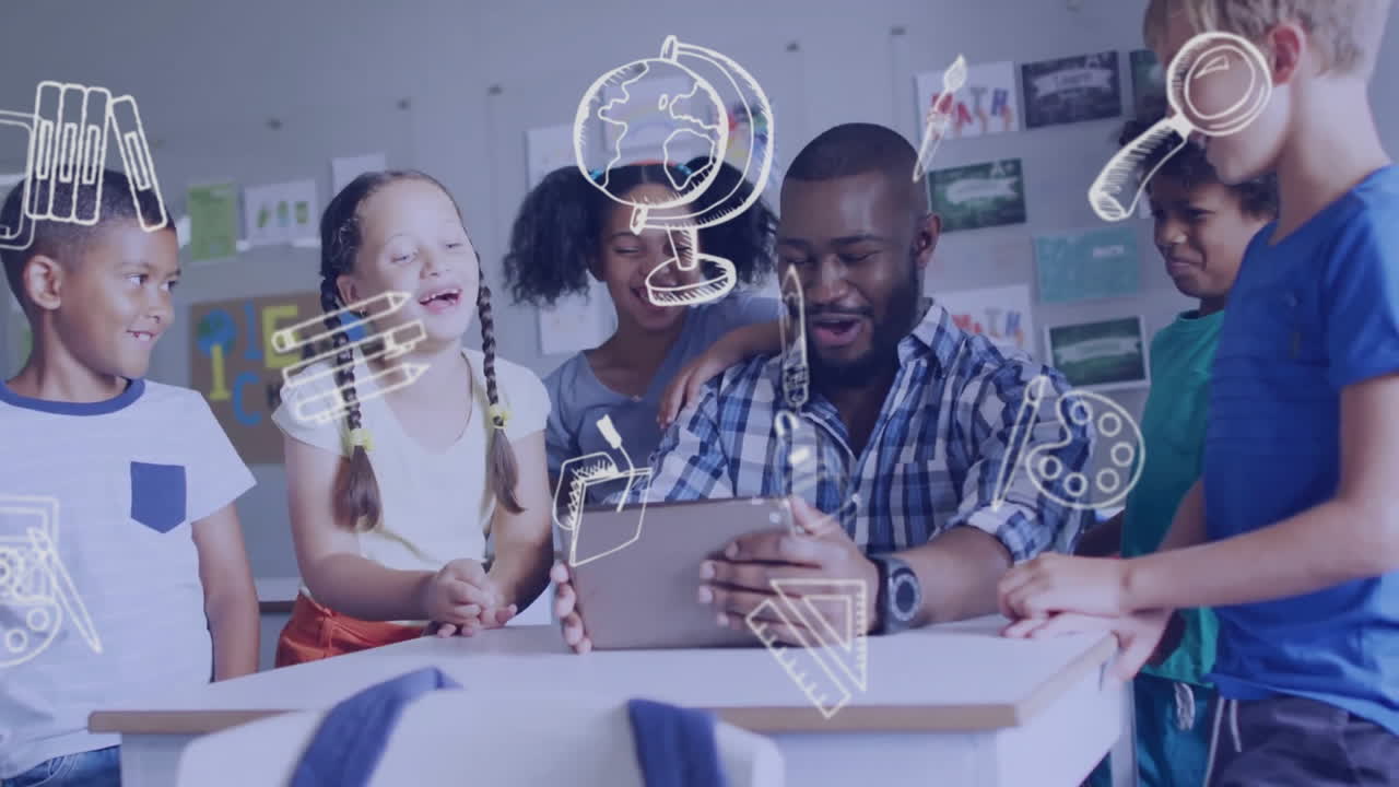 Animation of school items icons over happy diverse male teacher with students using tablet