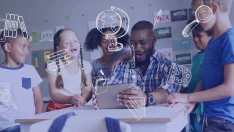 animation of school items icons over happy diverse male teacher with students using tablet