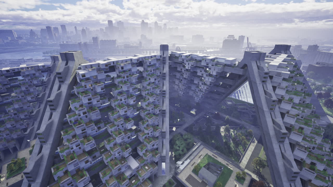 Modern architectural structure with greenery overlooking urban skyline