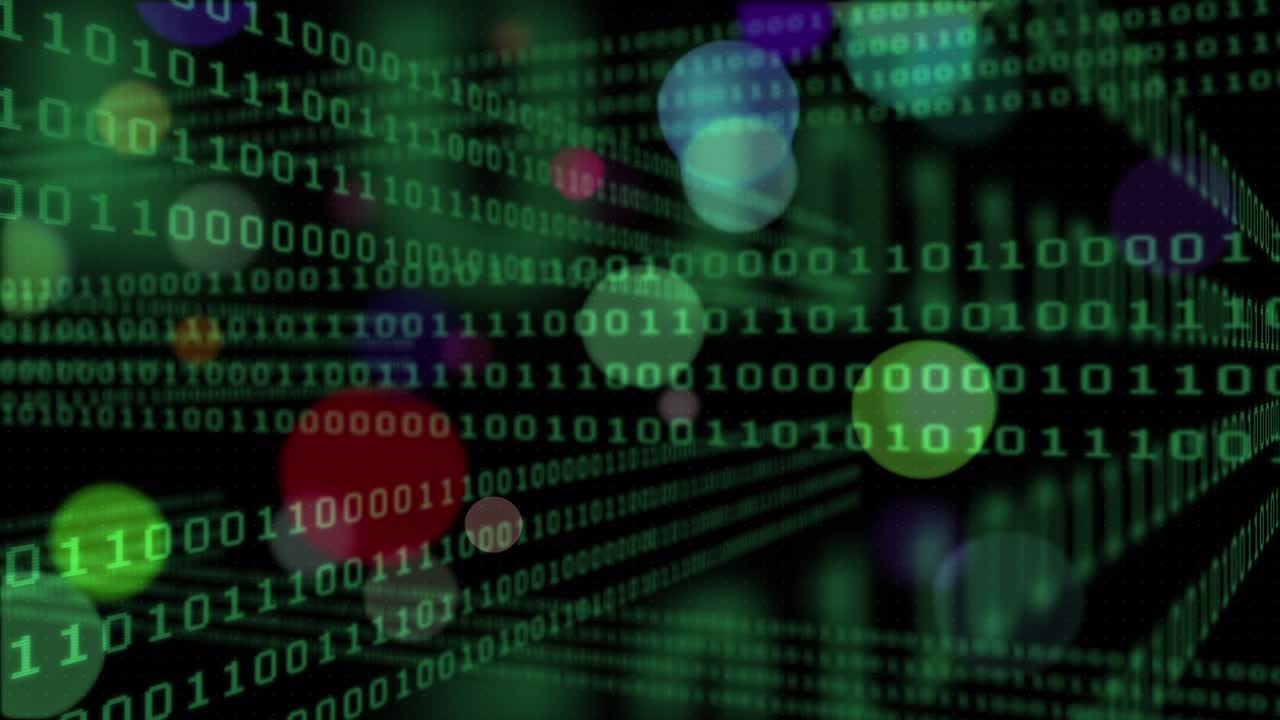 Animation of circle and multicolored circles moving over green loopable binary codes