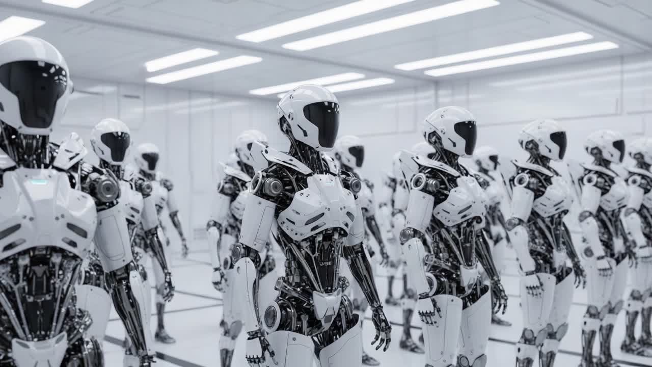 A Dystopian Assembly of Advanced Humanoid Robots in a Futuristic Lab Environment Showcasing Cutting-Edge Technology and Potential Sentience