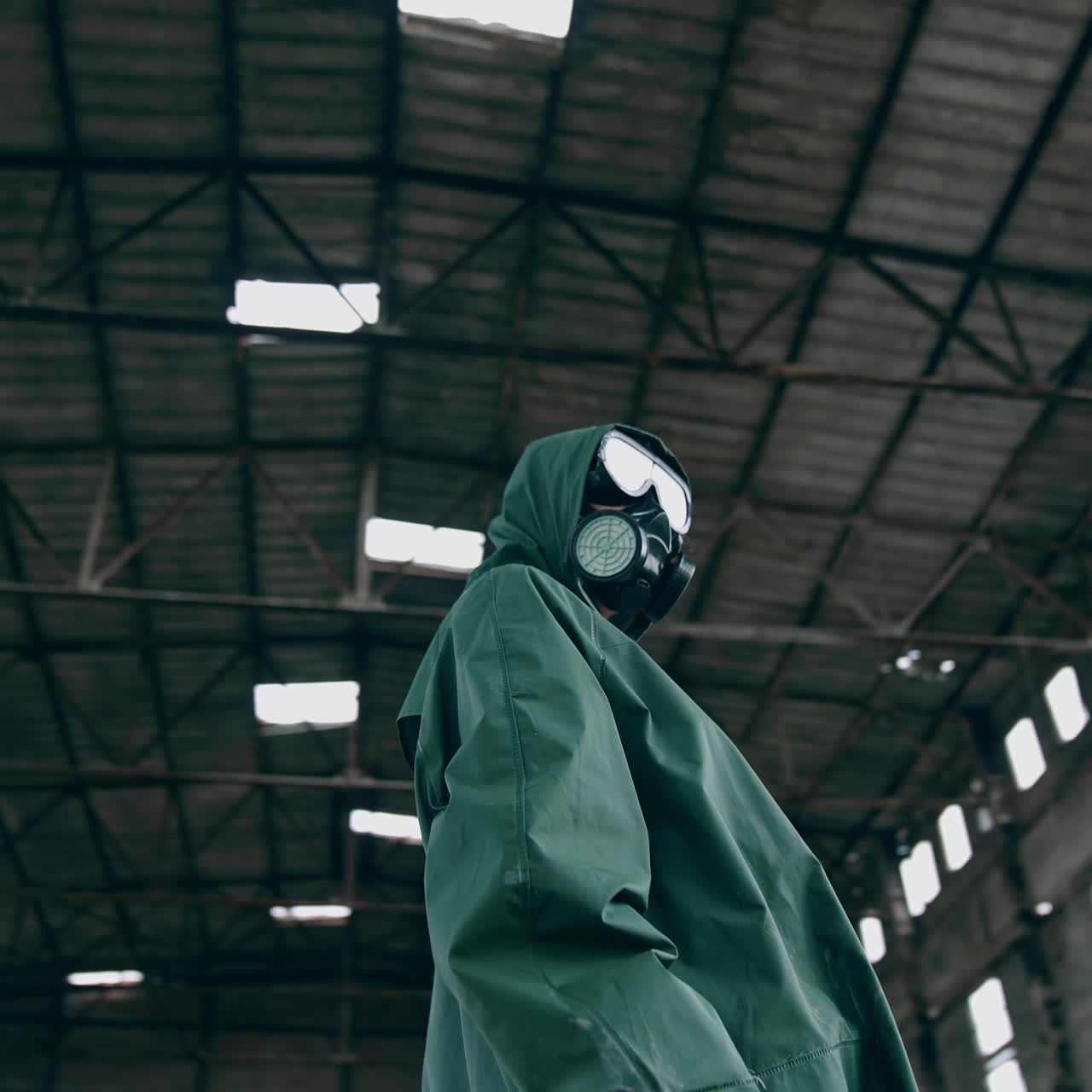 Portrait of man wearing gas mask. Man in gas mask and special chemical protection