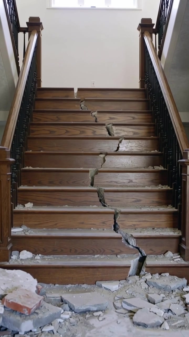 Video verticale: Scala di legno danneggiata che si spacca nell'atrio a causa dell'assestamento, con detriti che cadono.