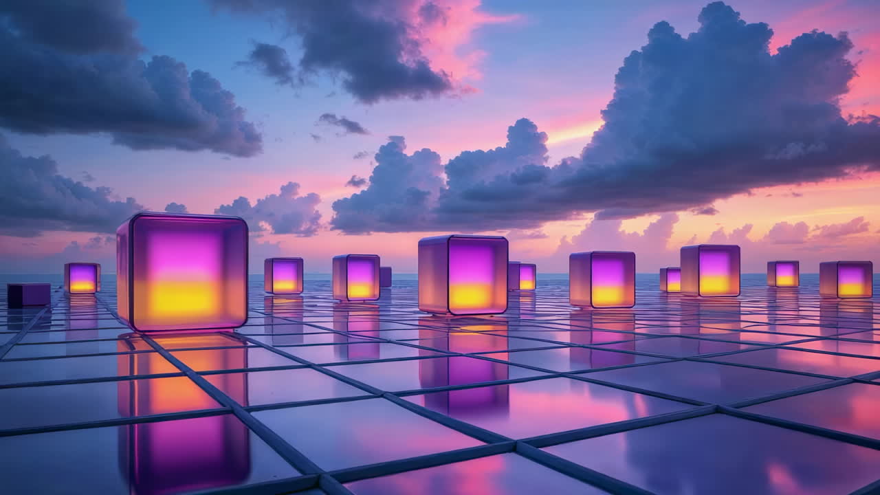 Abstract Glowing Cubes on a Grid at Sunset