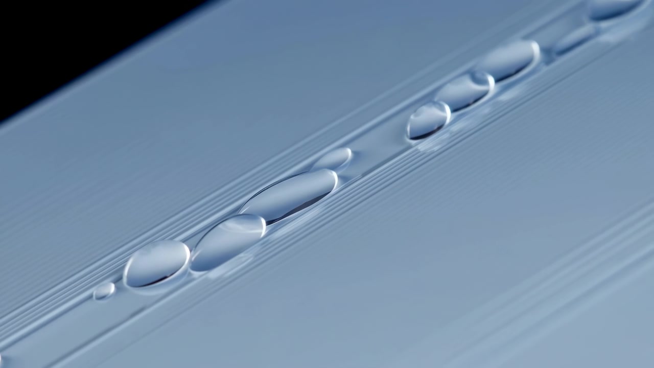 Water droplets rest along shallow diagonal groove on glossy blue surface, with visible re-spacing and clustering shifts across moving frames, creating refined texture, soft highlights, and calm