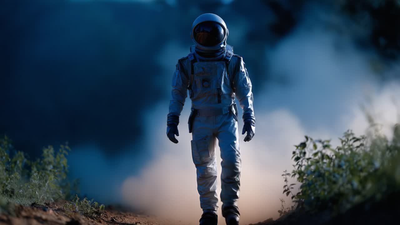 Seorang astronot berjalan dengan percaya diri melalui lanskap berkabut, menunjukkan tekad dan eksplorasi dengan latar belakang kabut dan keindahan alam