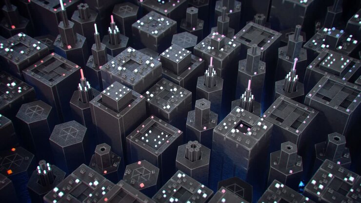 Array of metallic units with illuminating parts loopable 3D render animation
