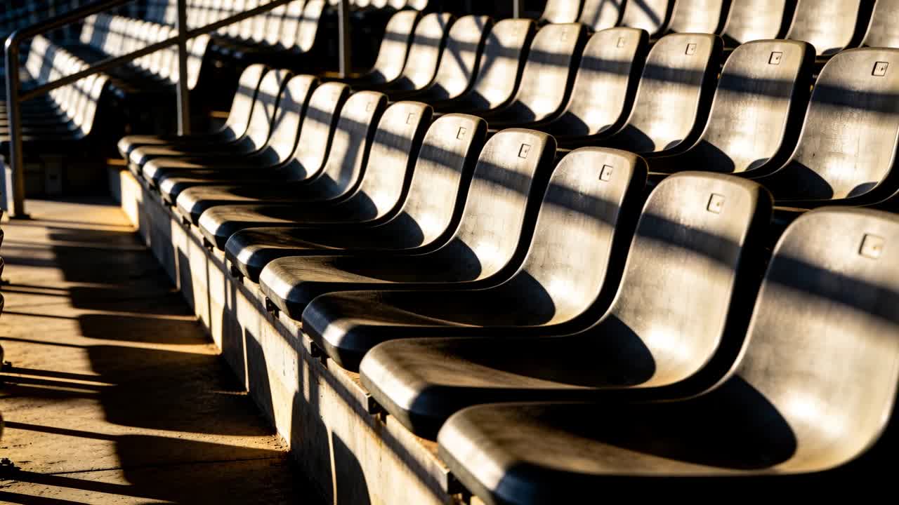 Fluyendo a través de un techo de listones, la luz del sol proyectando sombras a rayas en asientos de plástico en la tribuna.