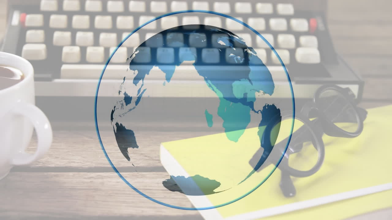 Stylized globe floating over desk in 3D render, showing coffee mug, keyboard, notebook, eyeglasses