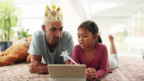 Love,-tablet-and-father-with-girl-child-on-a-bed